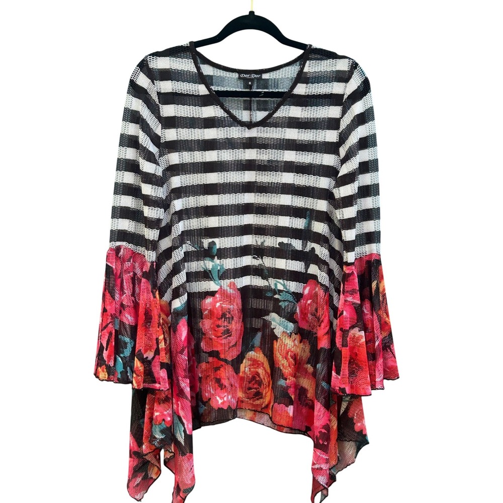 Dor Dor Couture Tunic Top Floral Black White Striped Bell Sleeve‎ S
